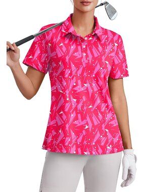 Womens Geometry Pink  4 Button Golf Polo UPF50+ Quick Dry Tennis Collared Relax